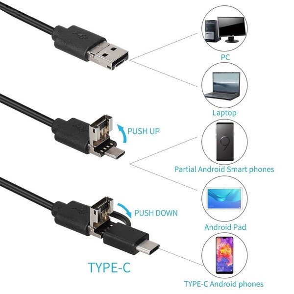 16.4FT Endoscope 3in1 7mm Len Inspection Pipe IP67 Camera for Android PC Tablet