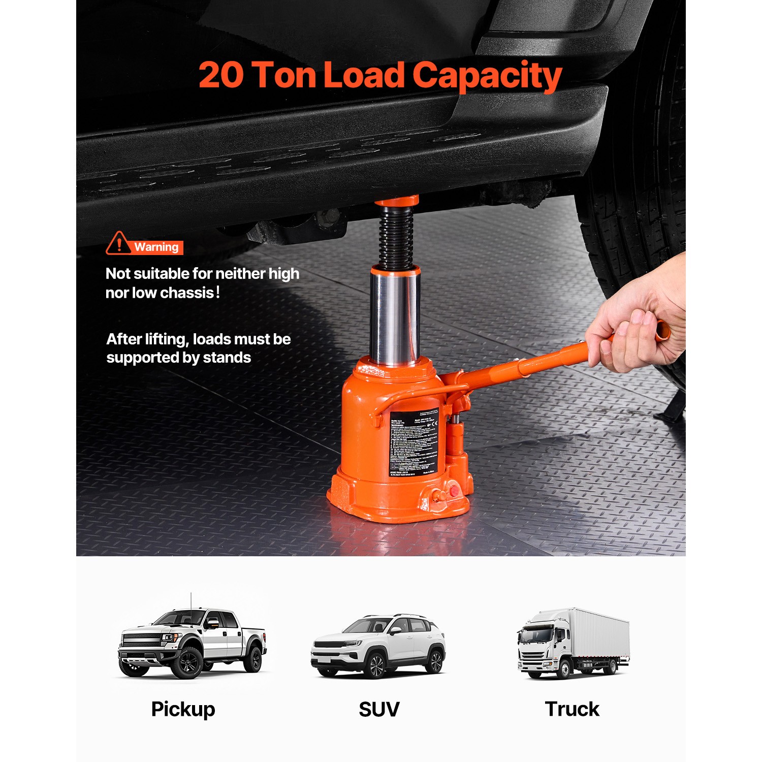 Hydraulic Bottle Jack 20 Ton Manual High Lift Automotive Car Repair Shop