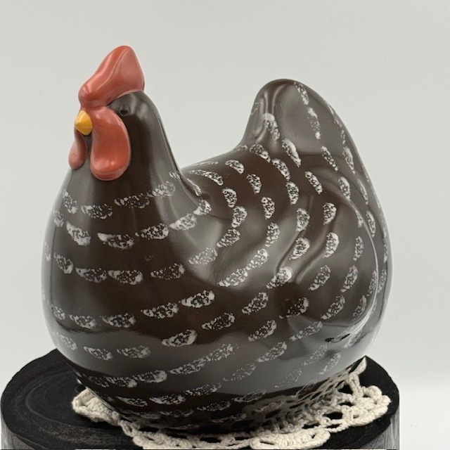 Unique Ceramic Hen Dark Brown and White Speckled