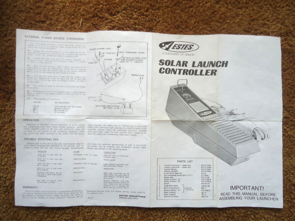 Original 70's Estes Rocket Launcher Solar Launch Controller W Manual & Key