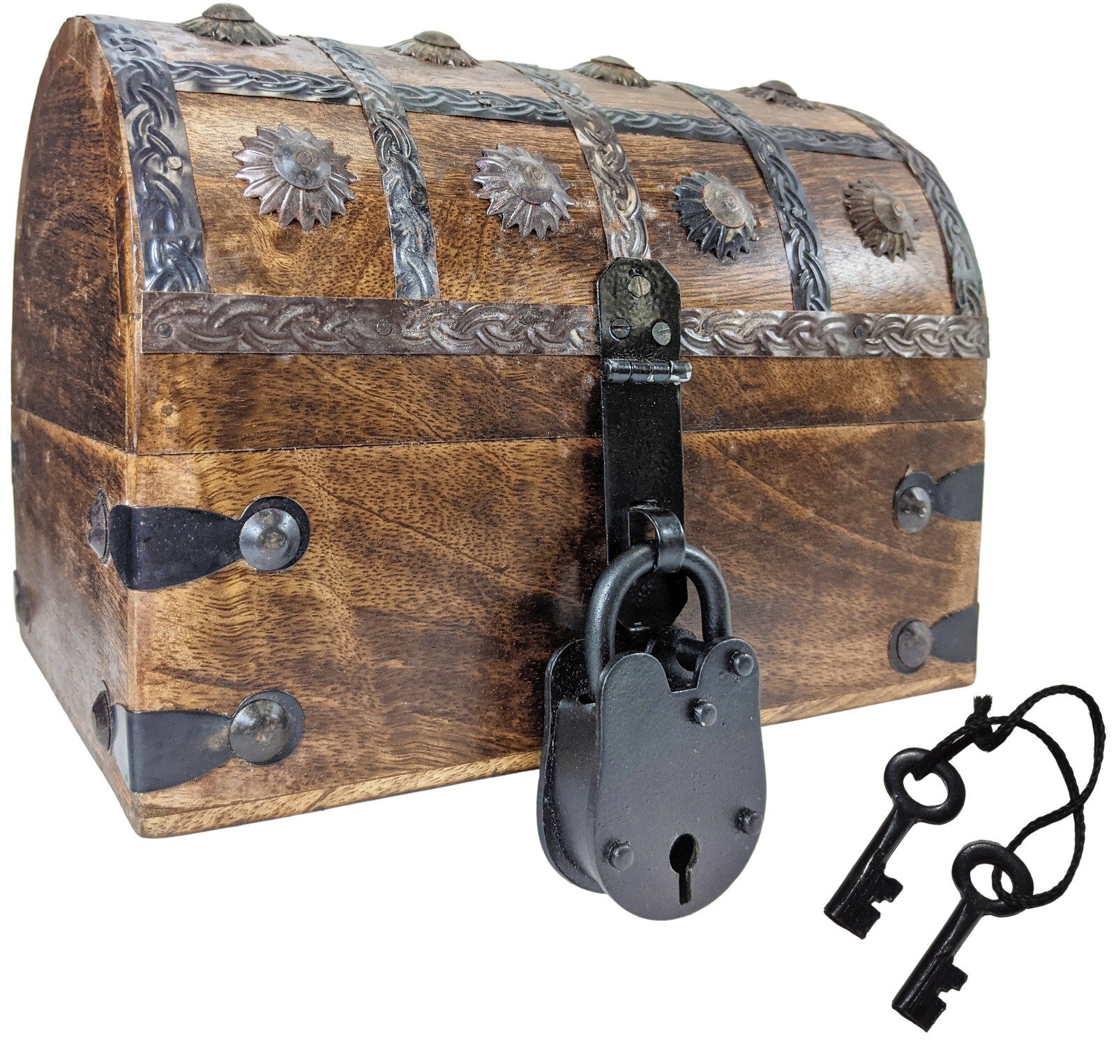 8"x6"x6" Wood Pirate's Treasure Chest Nautical Jewelry Box, Includes Lock & Keys