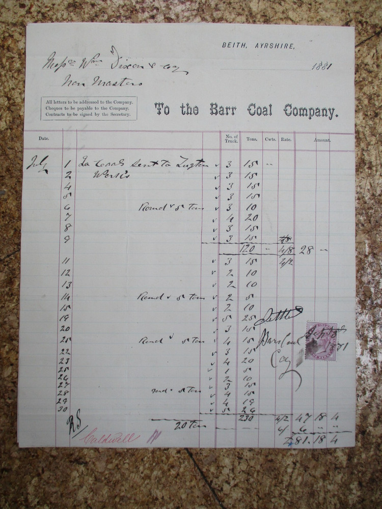 1881 Scottish Colliery Billhead Barr Coal Co, Beith