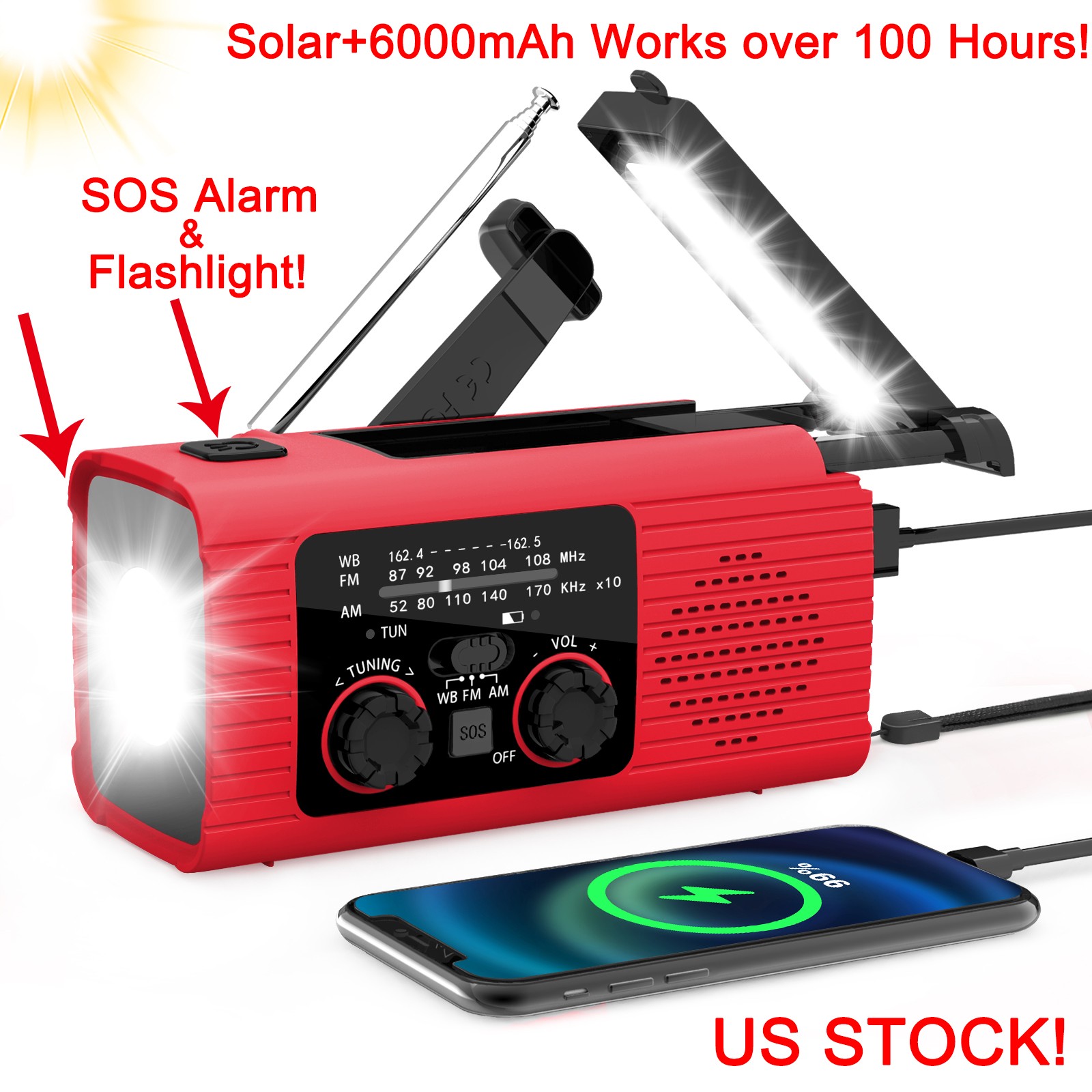 Emergency Solar Hand Crank Weather Radio 60000mAh Power Bank Charger Flash Light