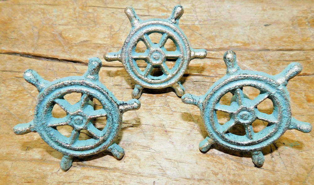 12 Cast Iron NAUTICAL SHIPSWHEEL Style Drawer Pull, Handle Door Handles Beach