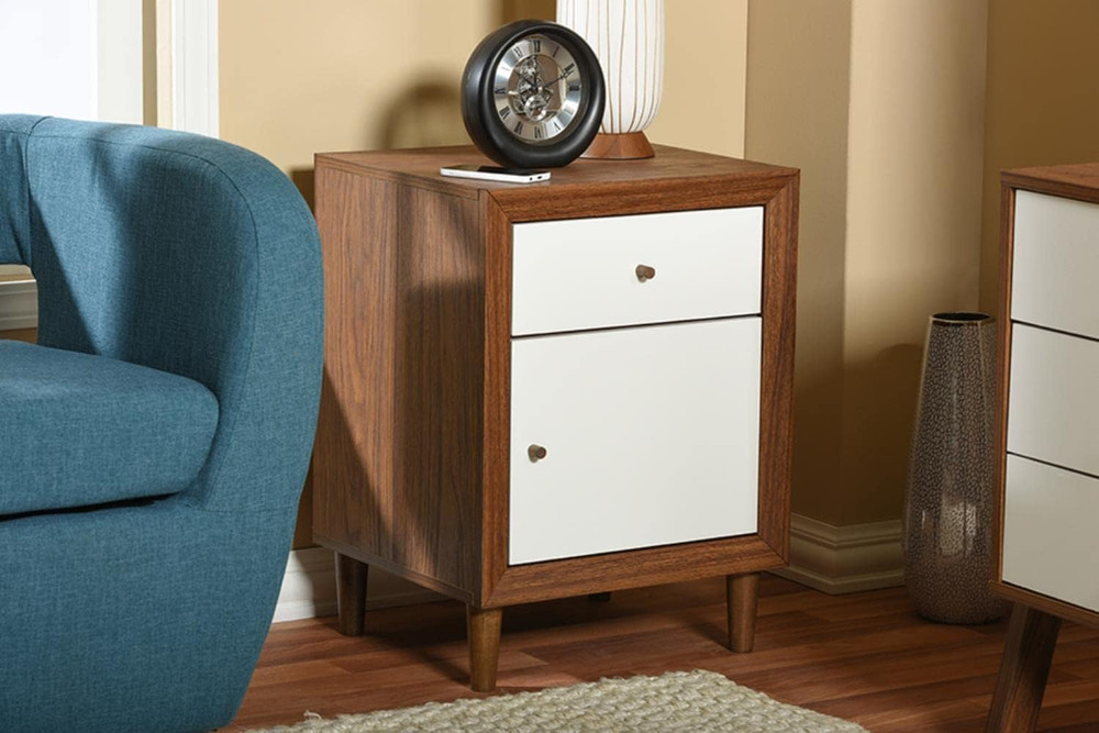 Stylish Medium White and Walnut Studios Nightstand for Modern Bedrooms
