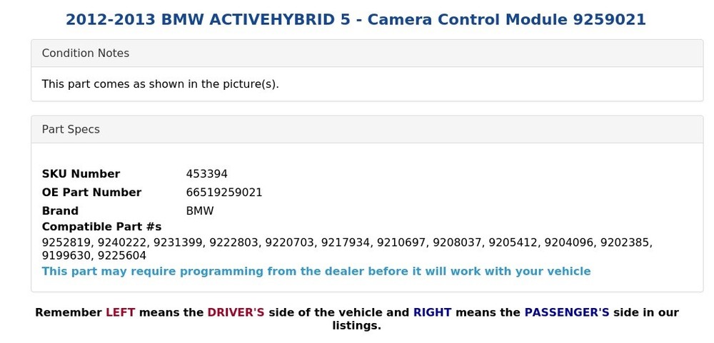 2012-2013 BMW ACTIVEHYBRID 5 - Camera Control Module 9259021