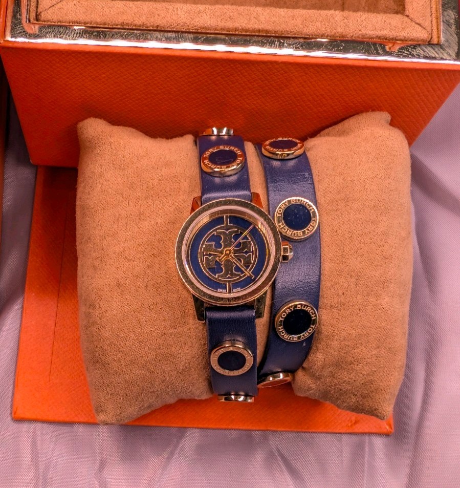Tory Burch Navy Reva Mini Double-Wrap with Box and Papers