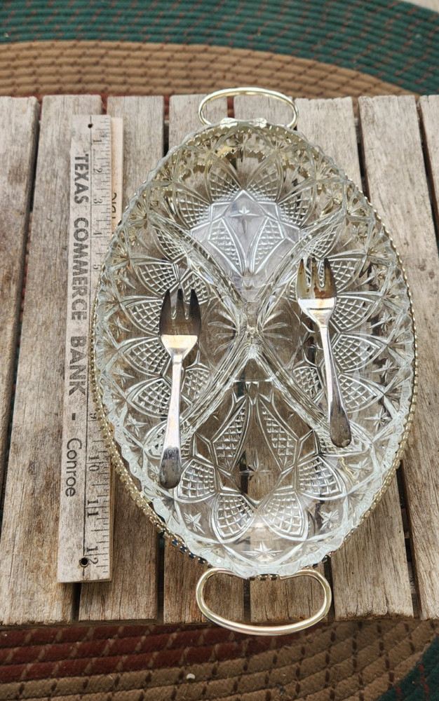 Vintage Sheffield England Clear Pressed Glass Divided Dish Silverplate Holder