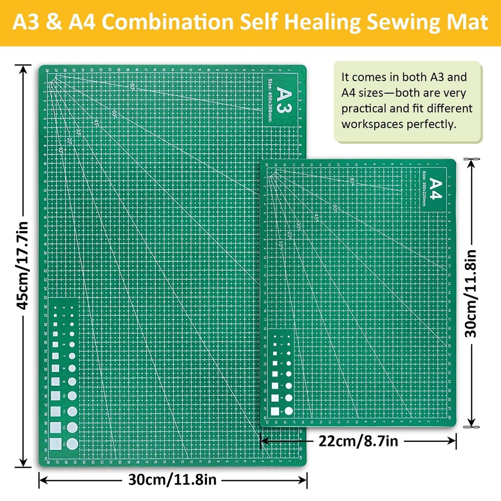 2 Pcs Large Cutting Mat Self Healing,Double Sided,Grid Line And Angles Help T...