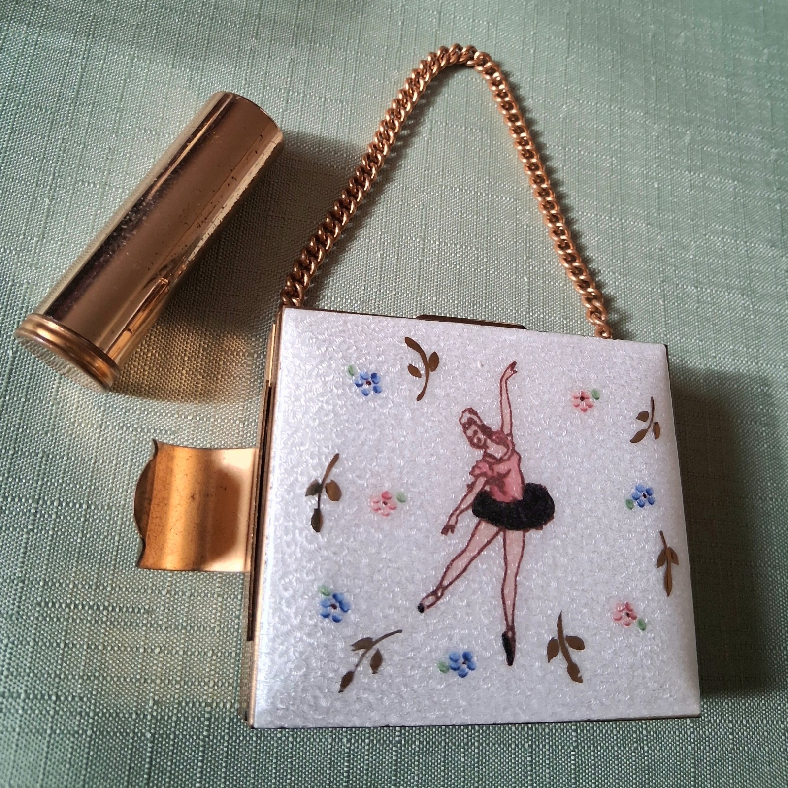 Vintage Guilloche Ballerina Double Lipstick Cigarette Make Up Compact Purse