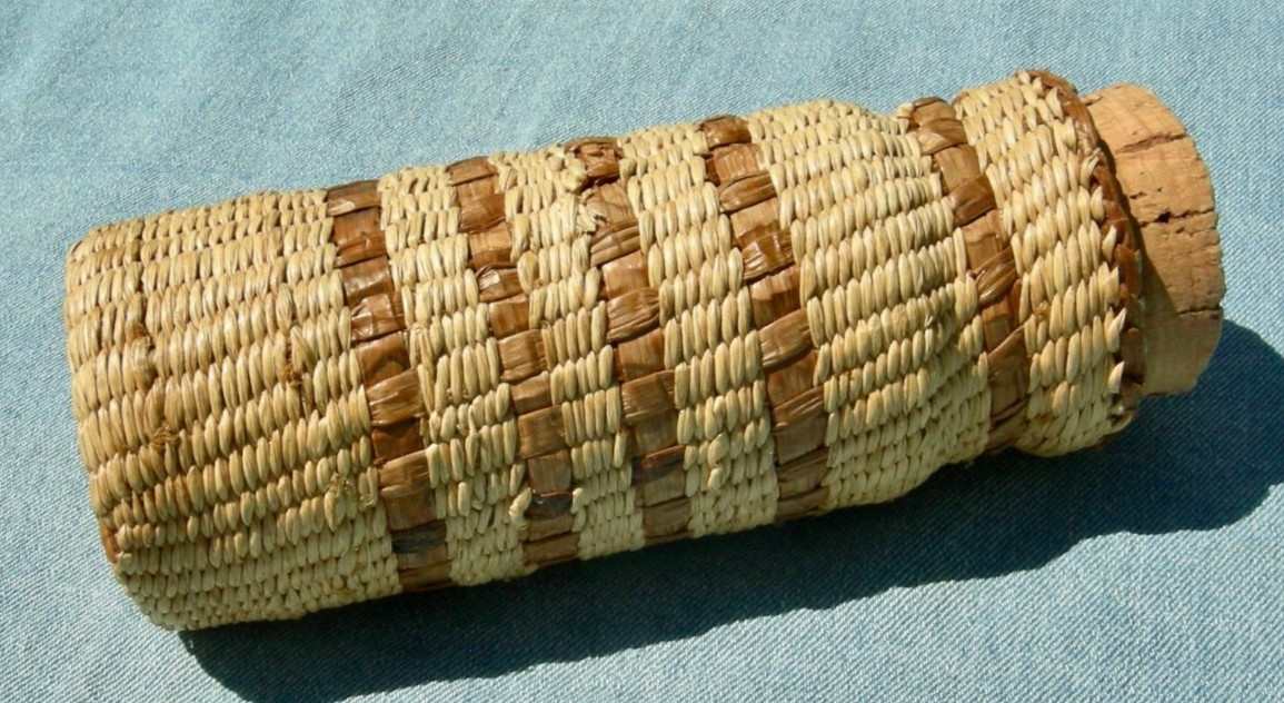 antique PACIFIC NW NATIVE AMERICAN NOOTKA, MAKAH HANDMADE BASKETRY GLASS JAR