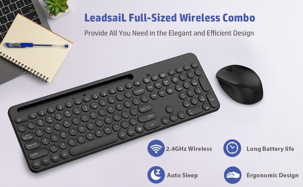 Wireless Keyboard and Mouse Combo with Phone and Tablet Holder (BLACK)