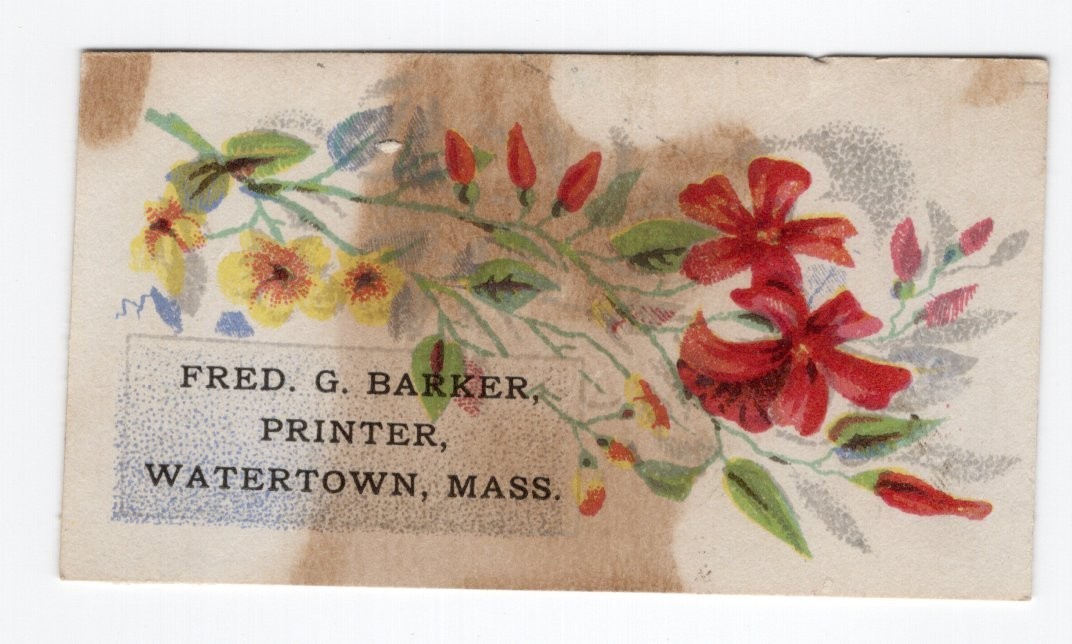 1880-90s - Fred G. Barker Printer Watertown MA Card - XL2B