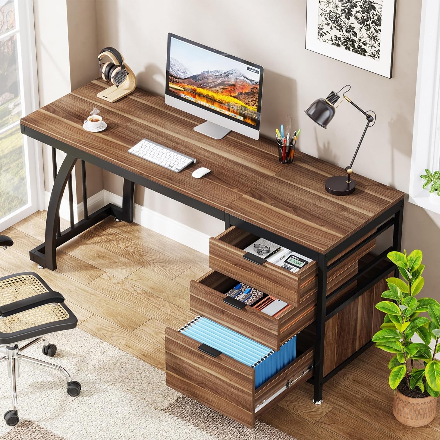 Computer Desk with 3 Drawers 59-Inch PC Desk with Reversible Drawers Industrial