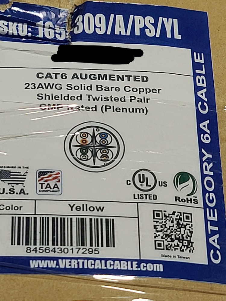 Vertical Cable CAT6A F/UTP High Grade 10G Network Cable CMP Plenum Yellow /50ft