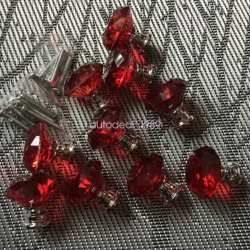 10pcs Red Crystal Glass Kitchen Cabinet Drawer Pull Handle Knobs Replacement