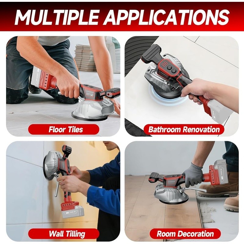 Cordless Tile Vibration Tool 8 Speed LCD Suction Cup 110 lbs Capacity Leveling