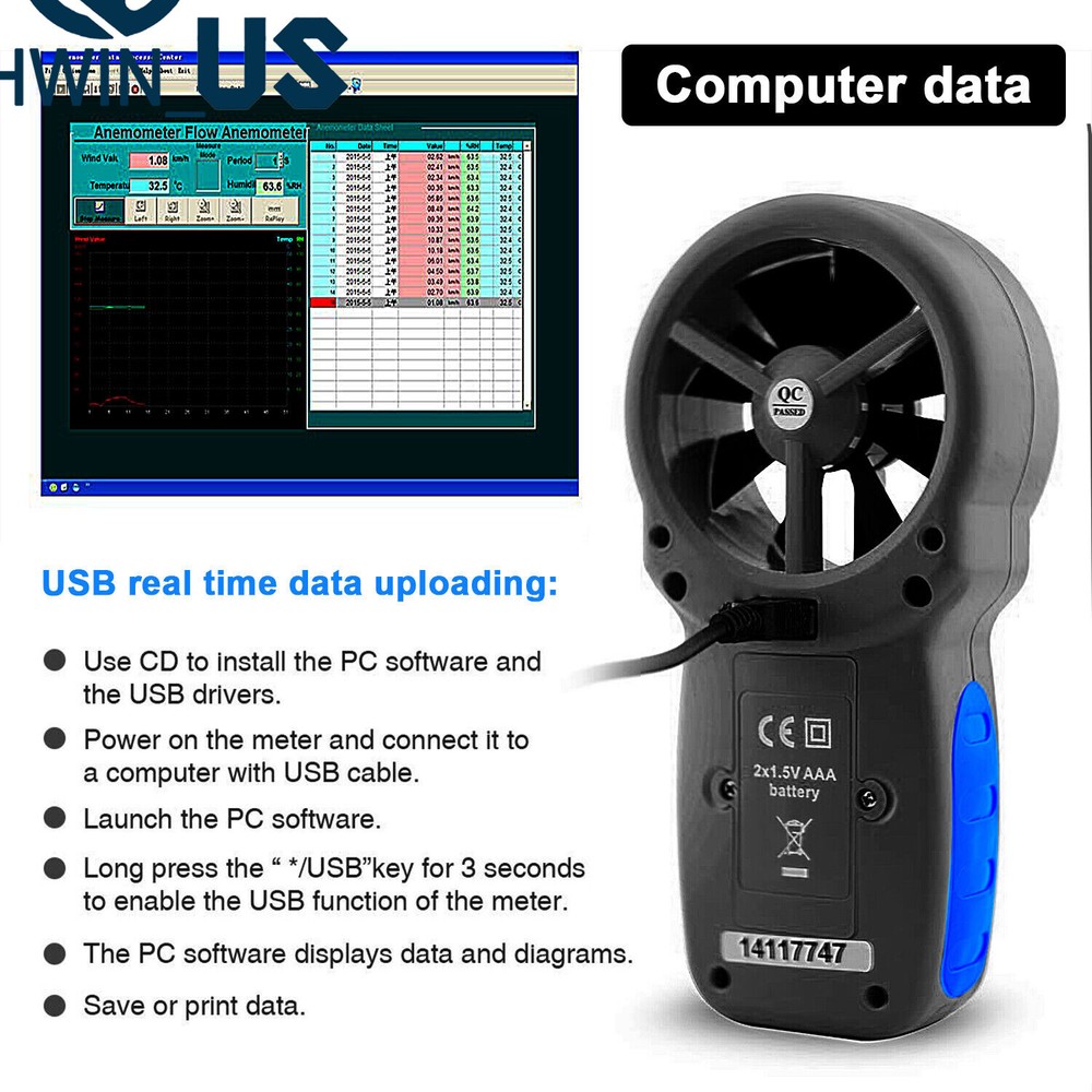 Handheld Digital LCD Anemometer Temperature Gauge Air Wind Speed Vane Meter 866A