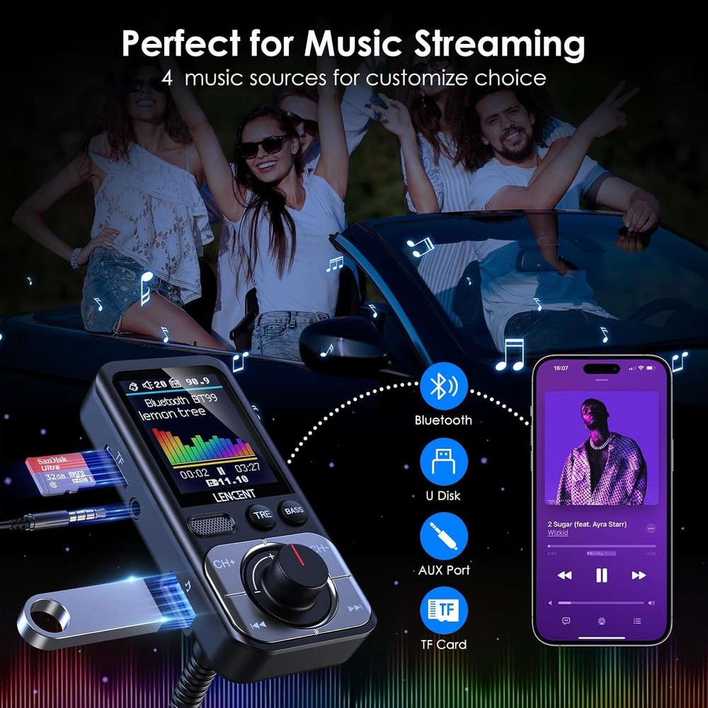 Bluetooth 5.0 FM Transmitter with 1.8'' LCD - Fast Charging & Hands-Free Calling