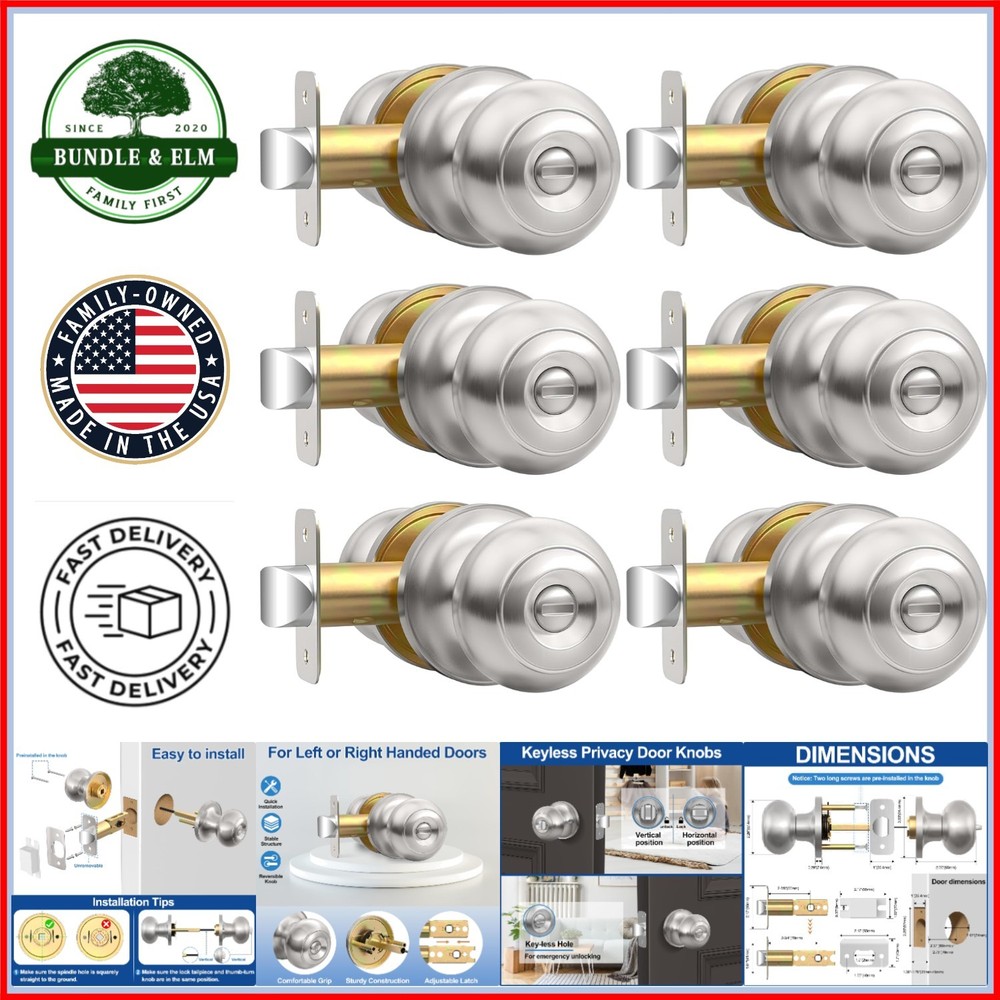 Privacy Door Knob, Brushed Nickel Door Knobs Interior Keyless Locks Set6 Pack
