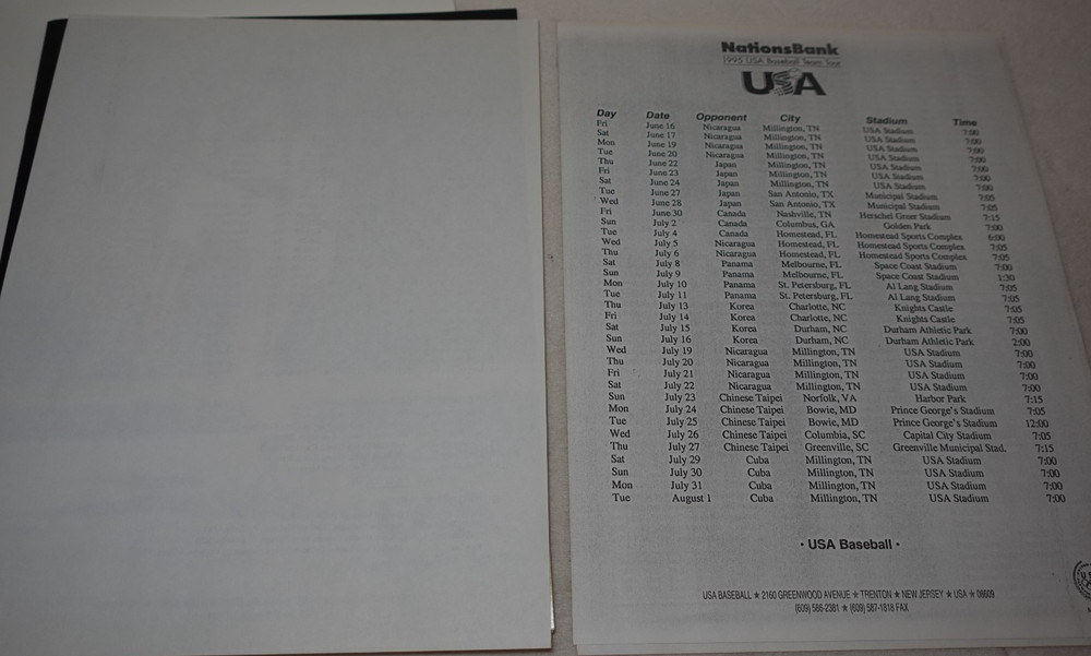 1995 USA Baseball Team Tour Program Brochure Folder Original Papers Lot