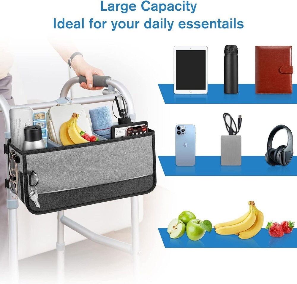 Large Capacity Walker Basket for Folding Walkers, Foldable Walker Storage Bag