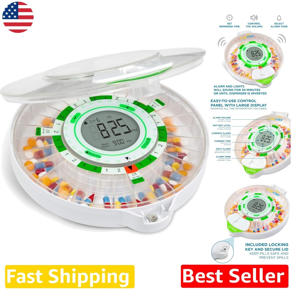 Automatic Pill Dispenser 28 Compartments, Large LCD, Key Lock, 4-Week Reminder