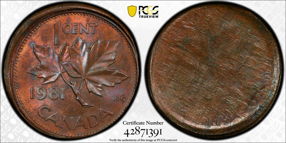 ER210 1981 CANADA. Mint Error -- Brockage, Split After Strike -- Cent, PCGS MS64