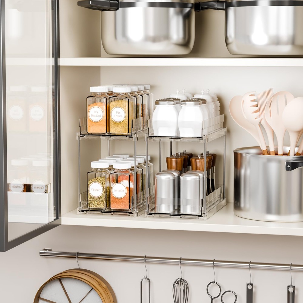 2 Pack 2 Tier Vertical Spice Rack Pull Out,10.4'' Deep Narrow Slide Out Spice...