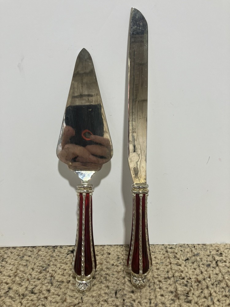 Silver Plated Dessert Set-Knife & Server w/Ruby Red Glass & Silver Accent Handle