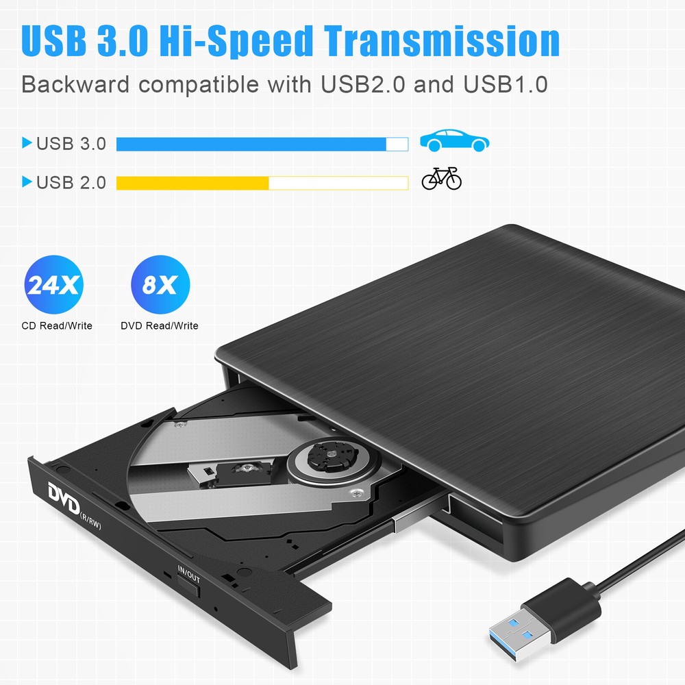 ✅Portable USB 3.0 External CD DVD Drive Burner Writer Player for Laptop Computer