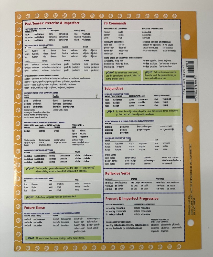 Spanish Grammar Study Guide: Level 1 and 2 — 2000 (GC, Softcover Study Sheet)