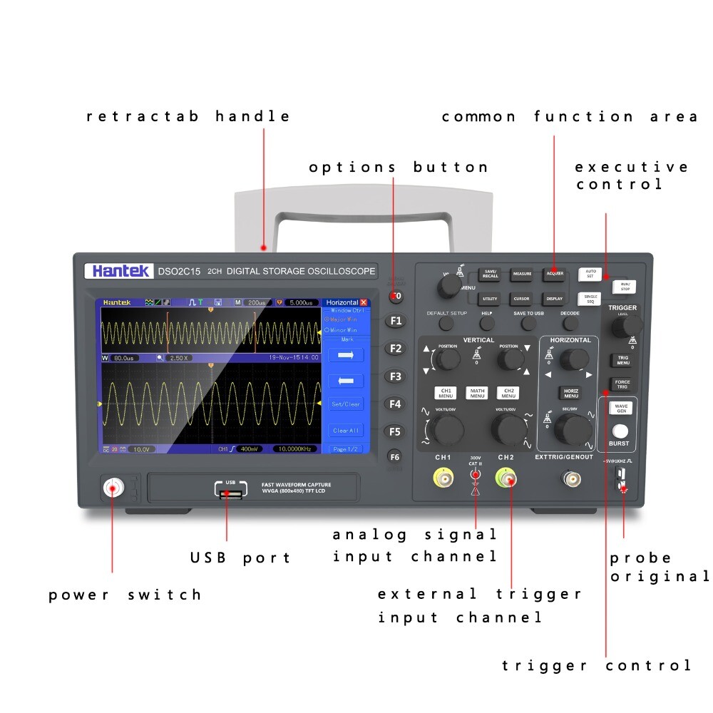 Hantek 2CH Digital Storage Oscilloscope Signal Generator 100Mhz/150Mhz 1GS/s Sam