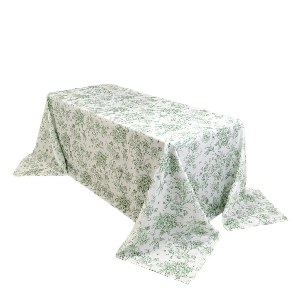 WHITE DUSTY SAGE 90" x 132" French Toile Polyester Rectangular Tablecloth