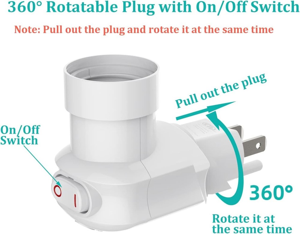 2-Pack Plug in Light Socket Adapter, 360° Rotatable with On/Off Switch