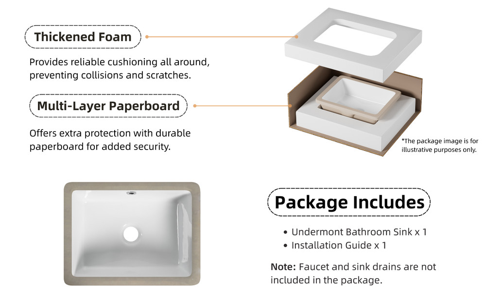 16" x12" Undermount Bathroom Sink Rectangular, White Ceramic With Overflow