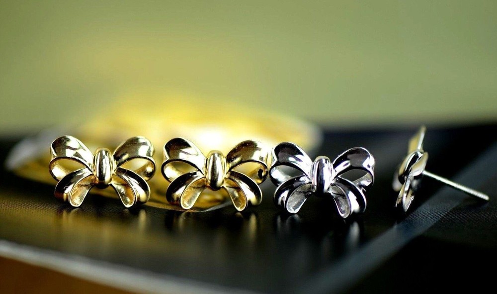 14k Solid White Yellow Gold Bow Tie Stud Earrings