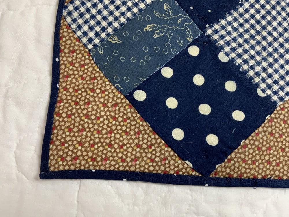 Antique Patchwork Quilt Table Topper, Four Patch, Early Calicos, Brown, Navy