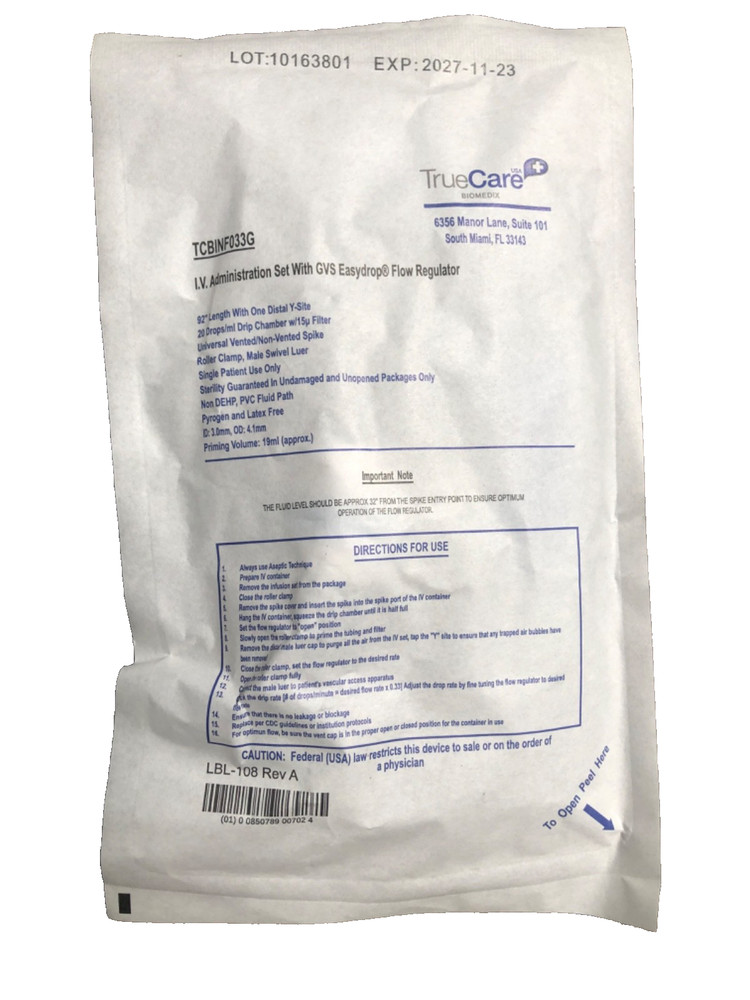 TrueCare administration set with gvs easy drop flow regulator