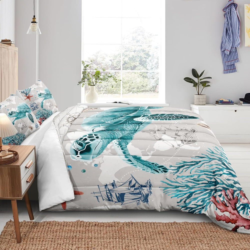 Nautical Bedding Set Turtle Comforter Set King Size Beach Comforter Set Soft Mic