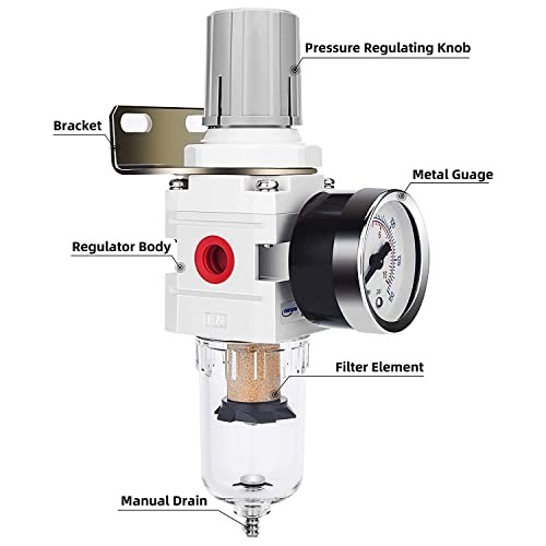 Compressed Air Filter Regulator 1/4" NPT Semi-Auto Drain, Metal Coupler&Plug