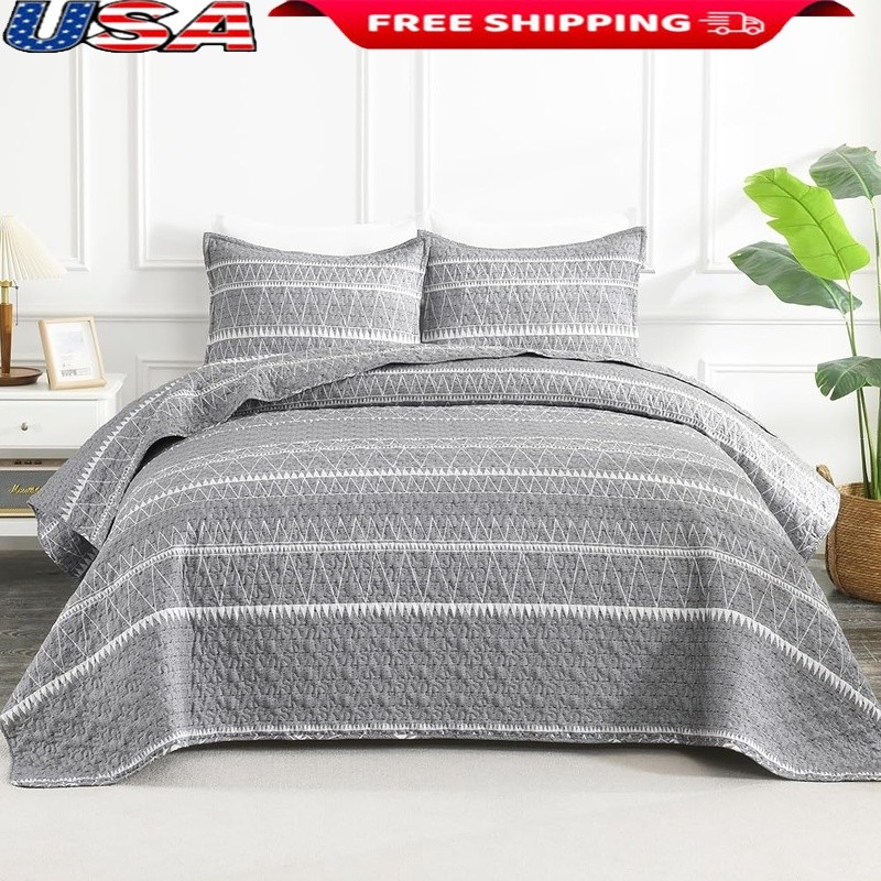 Reversible Microfiber Quilt Set Geometric Pattern Lightweight Queen 3PCs New