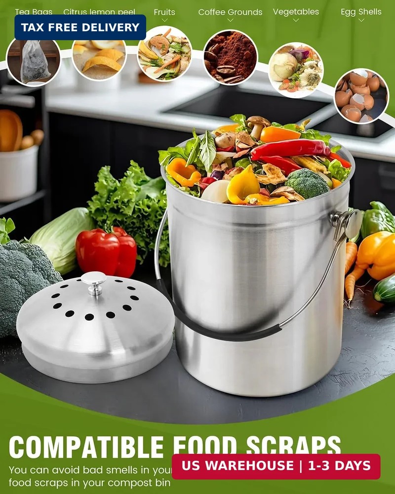 Countertop Compost Bin Kitchen with Lid and 2 Charcoal Filter for Odorless Compo