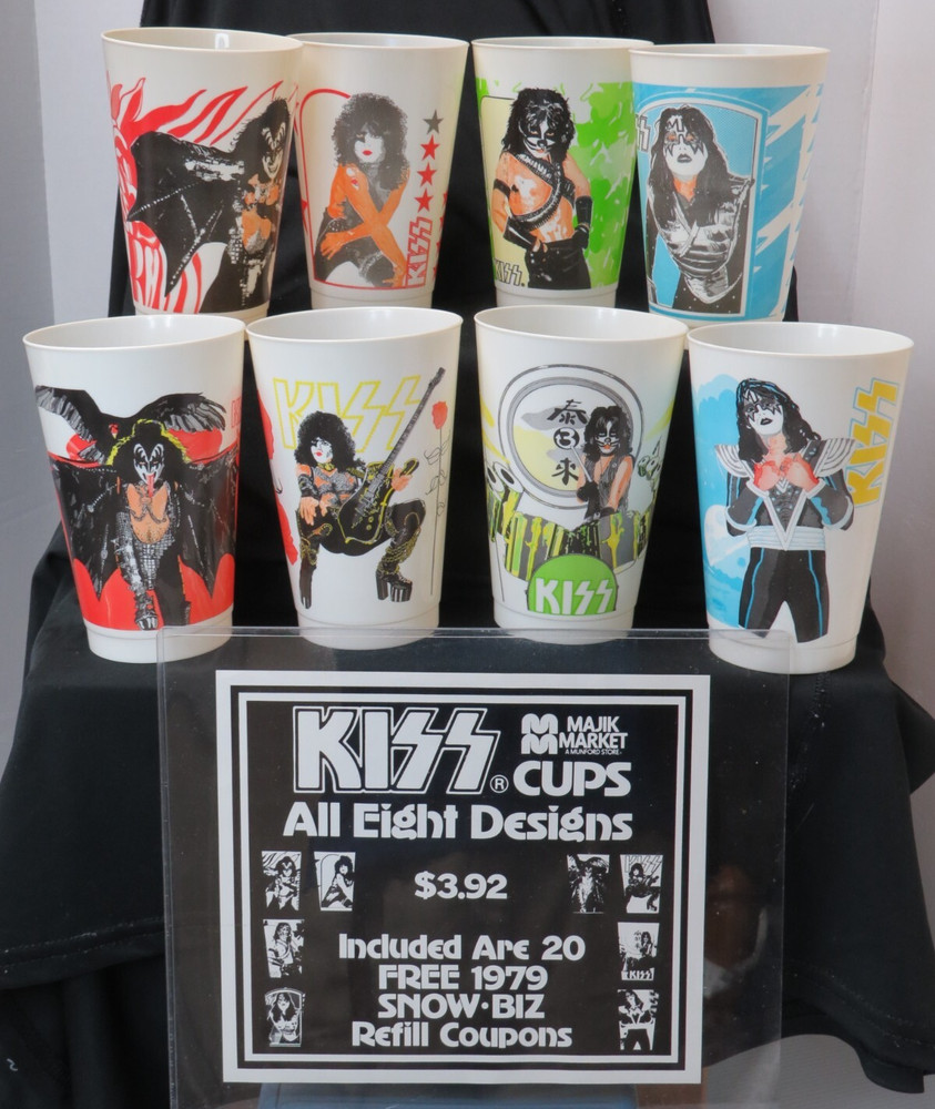 KISS MAJIK MARKET COMPLETE 8 CUP SET & COUPON SHEET 1978 AUCOIN