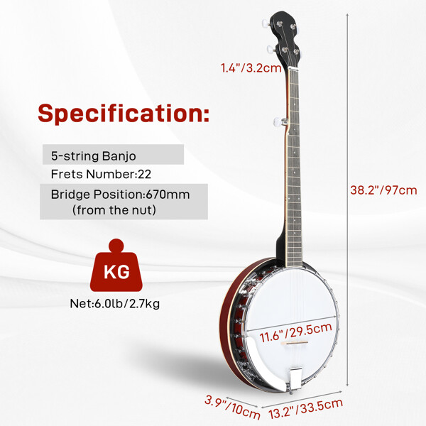 Full Size 5 String Right Handed Banjos Set with Closed Solid Sapele Back White