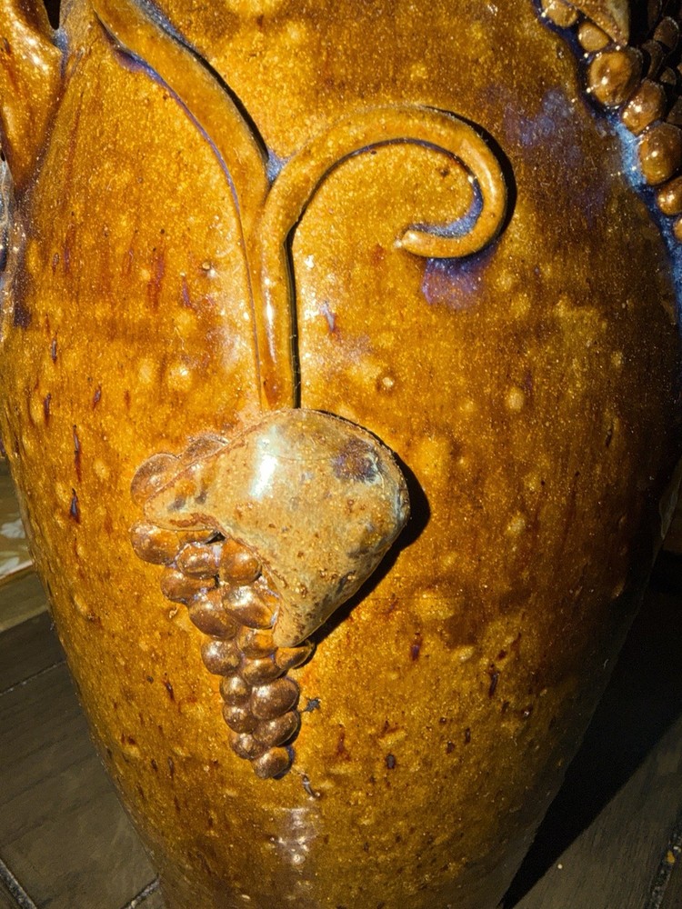J. Cofer Handmade Brown Glossy Ceramic Jug with Grapes Pattern, 2014