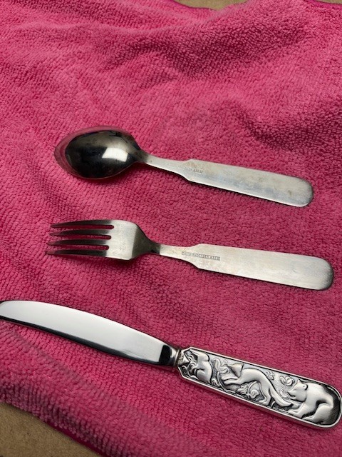 Antique David Andersen Silver Child Fork & Spoon + Knife Rabbit, Fox