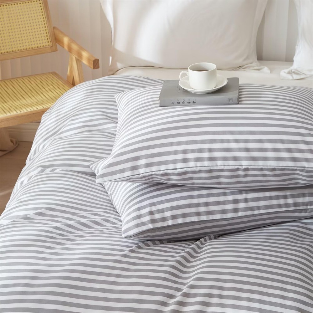 mixinni Striped Comforter Set Full Size - Grey White Stripes Pattern Bedding Set