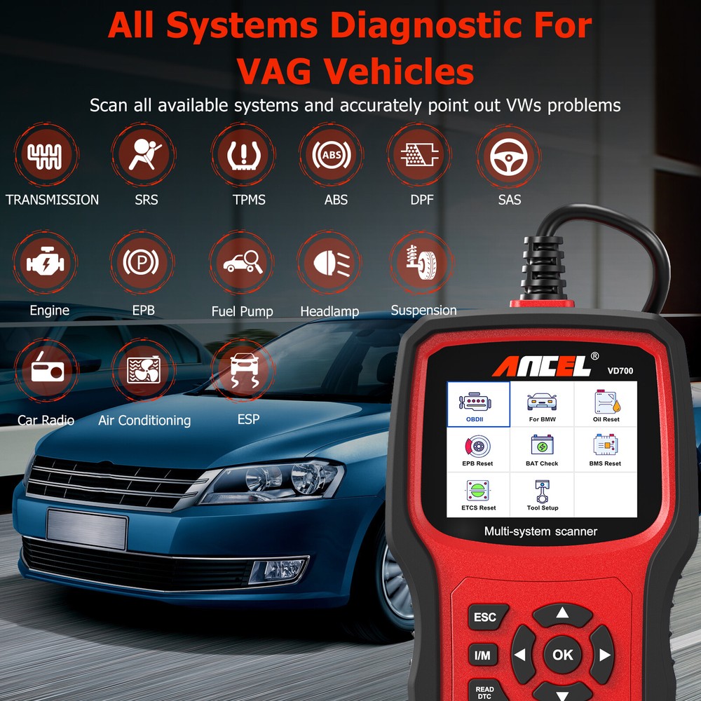 Ancel VD700 All System Diagnostic ABS SRS DPF Oil Car OBD2 Scanner Code Reader