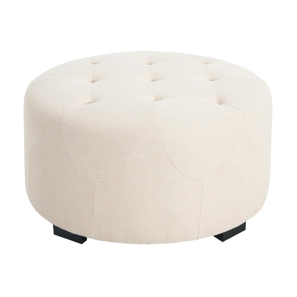 Upholstered Button Tufted Round Ottoman, Beige, Small Version